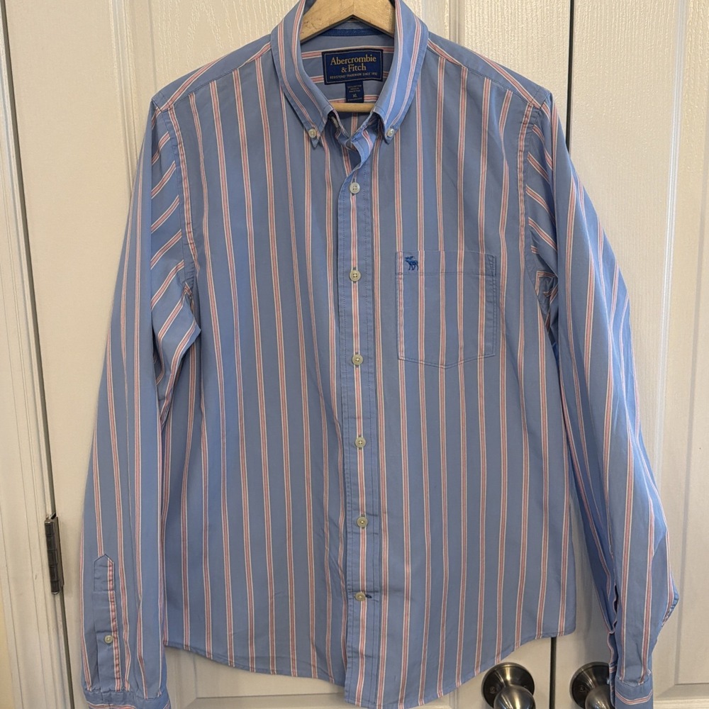 Vtg Y2K Abercrombie & Fitch Muscle Mens Button-Down Shirt Sz XL Blue Pink Stripe